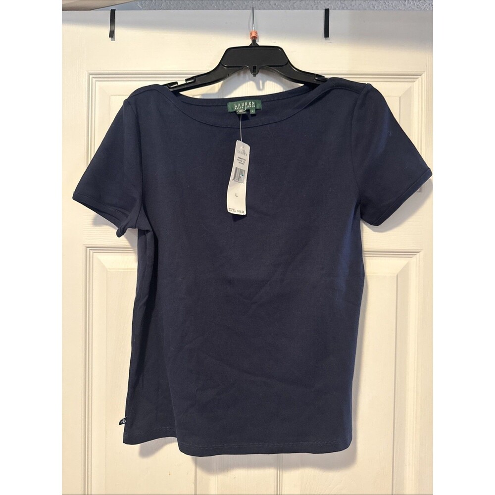 Lauren Ralph Lauren Blue Solid Boat Neck Short Sleeve Knit Cotton Top Large